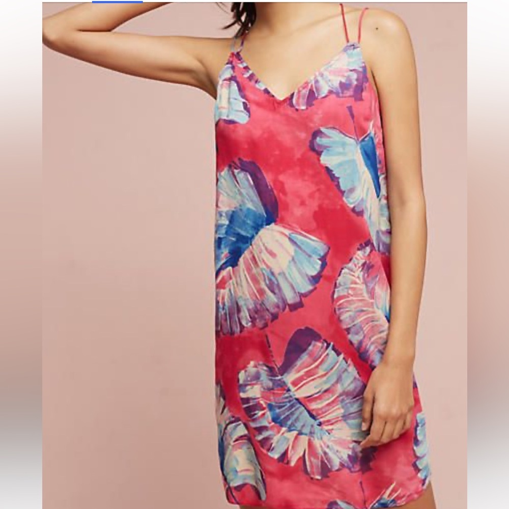 Floreat ( Anthropologie) xs Vibrant Pink and Blue Feather Print Dress